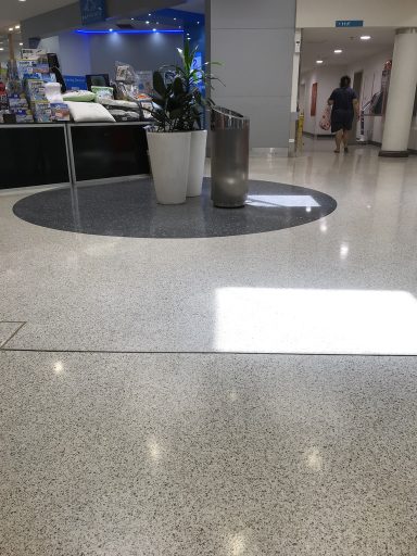 Vloer Terrazzo Moderne vloerafwerking met een plantenbak en een zichtbare afdeling op de achtergrond.