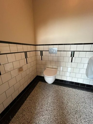 vloer met zwarte band Kleine toiletruimte met toilet, handdoekdispenser en betegelde muren.